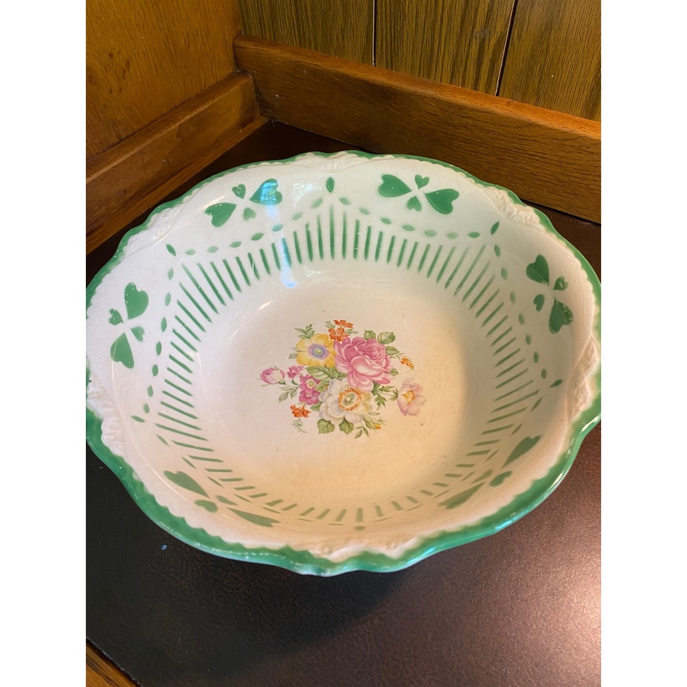Homer Laughlin Virginia Rose Serving Bowl Vintage 9" Green Floral Good Chips